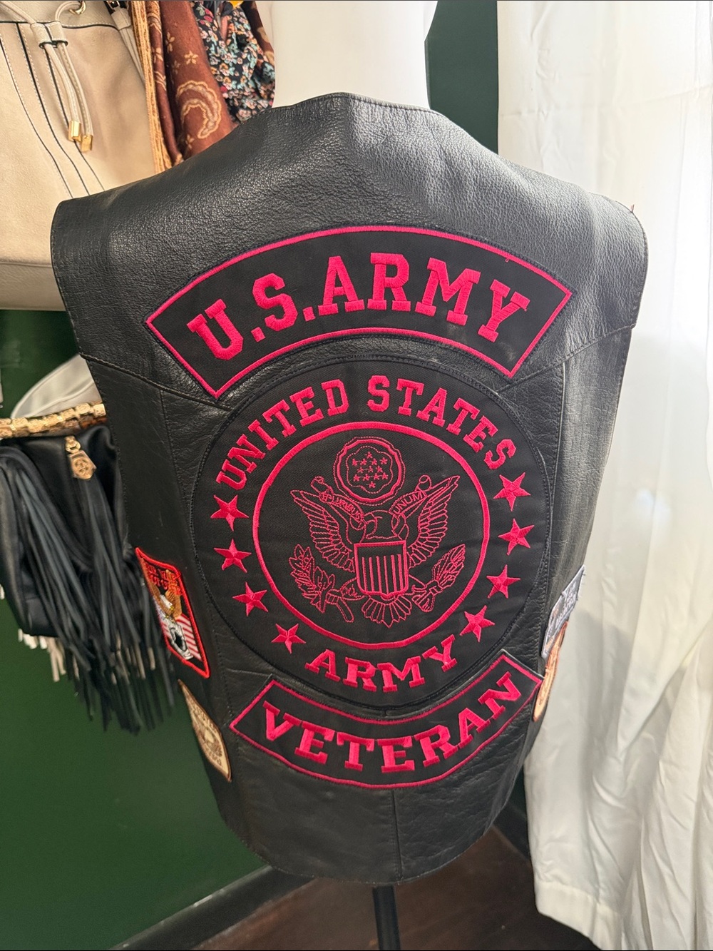 Black Leather Biker Vest with Army Paratrooper Patches
